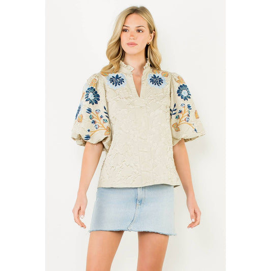 THML Embroidered Puff Sleeve Textured Top
