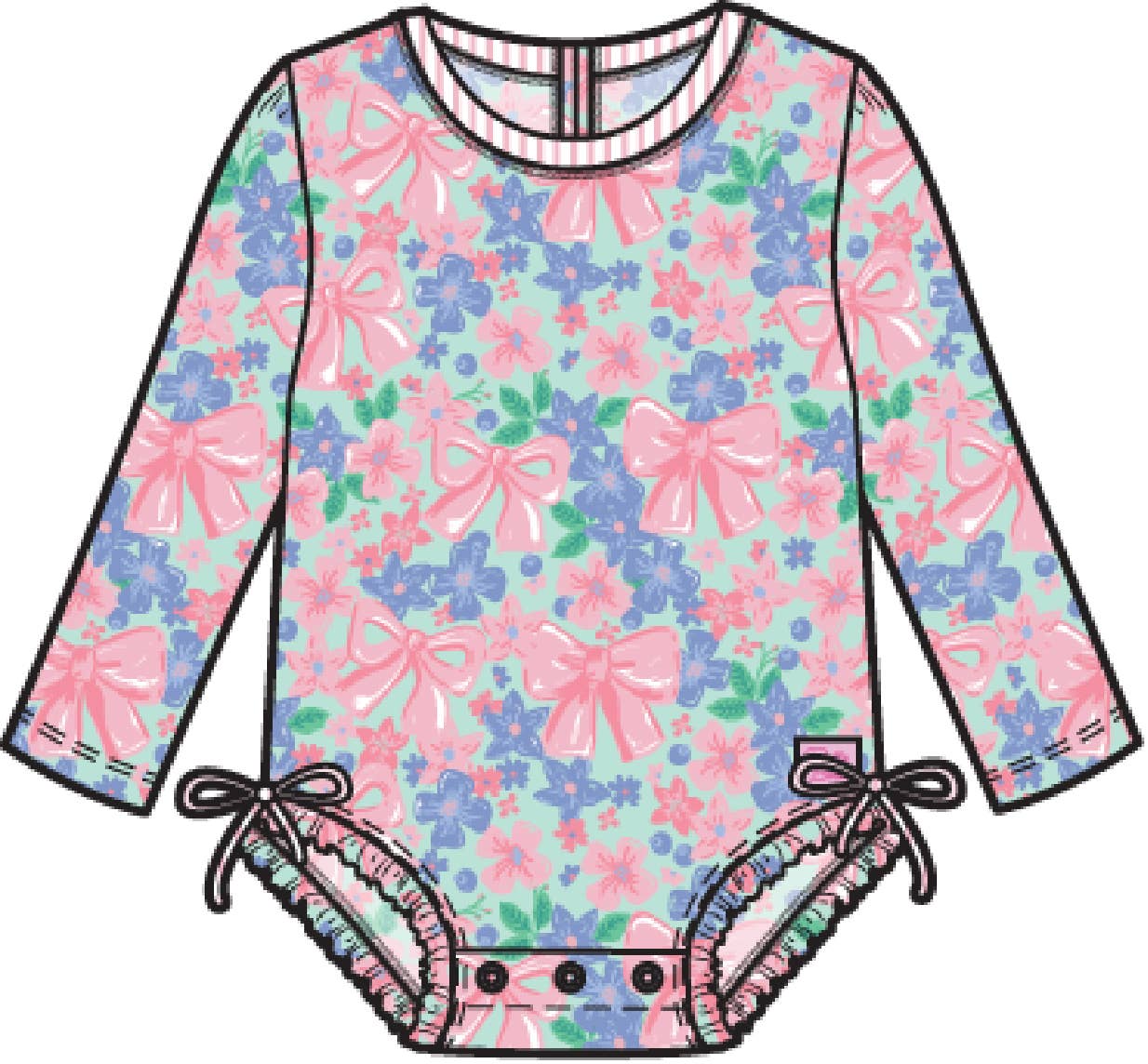 Baby Girls Bow Blooms Long Sleeve One Piece Rash Guard Swimsuit with Signature Rear Ruffles