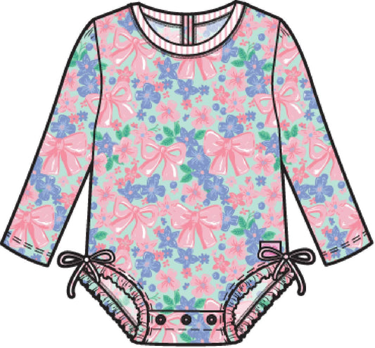 Baby Girls Bow Blooms Long Sleeve One Piece Rash Guard Swimsuit with Signature Rear Ruffles