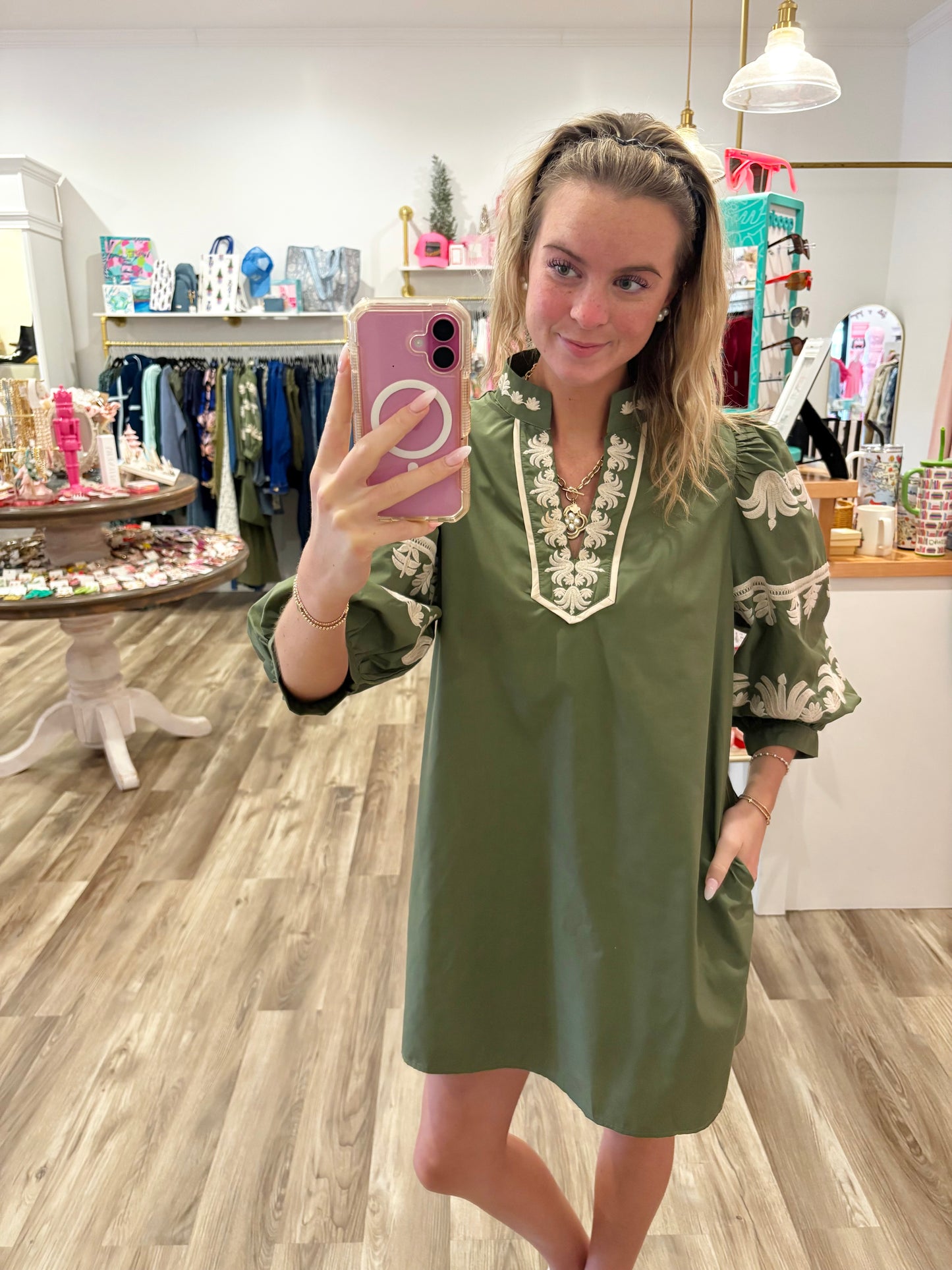 Olive Embroidered Dress