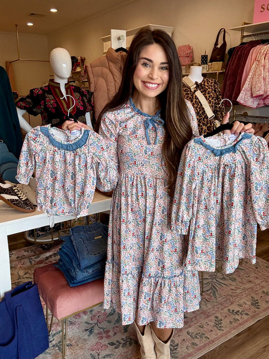 Blue Floral Print Ruffle Dress (Little Match)