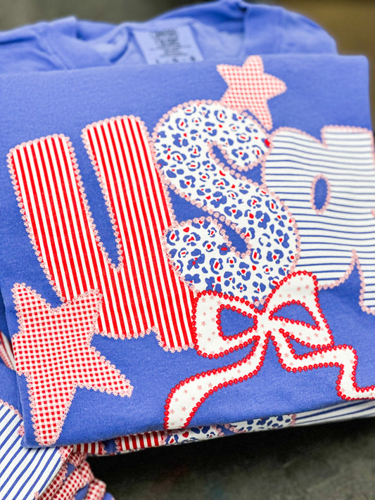 Americana Patchwork USA Flo Blue Graphic Tee
