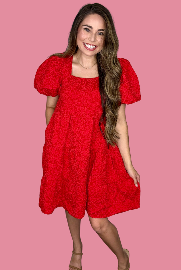 Jacquard Babydoll Red Dress