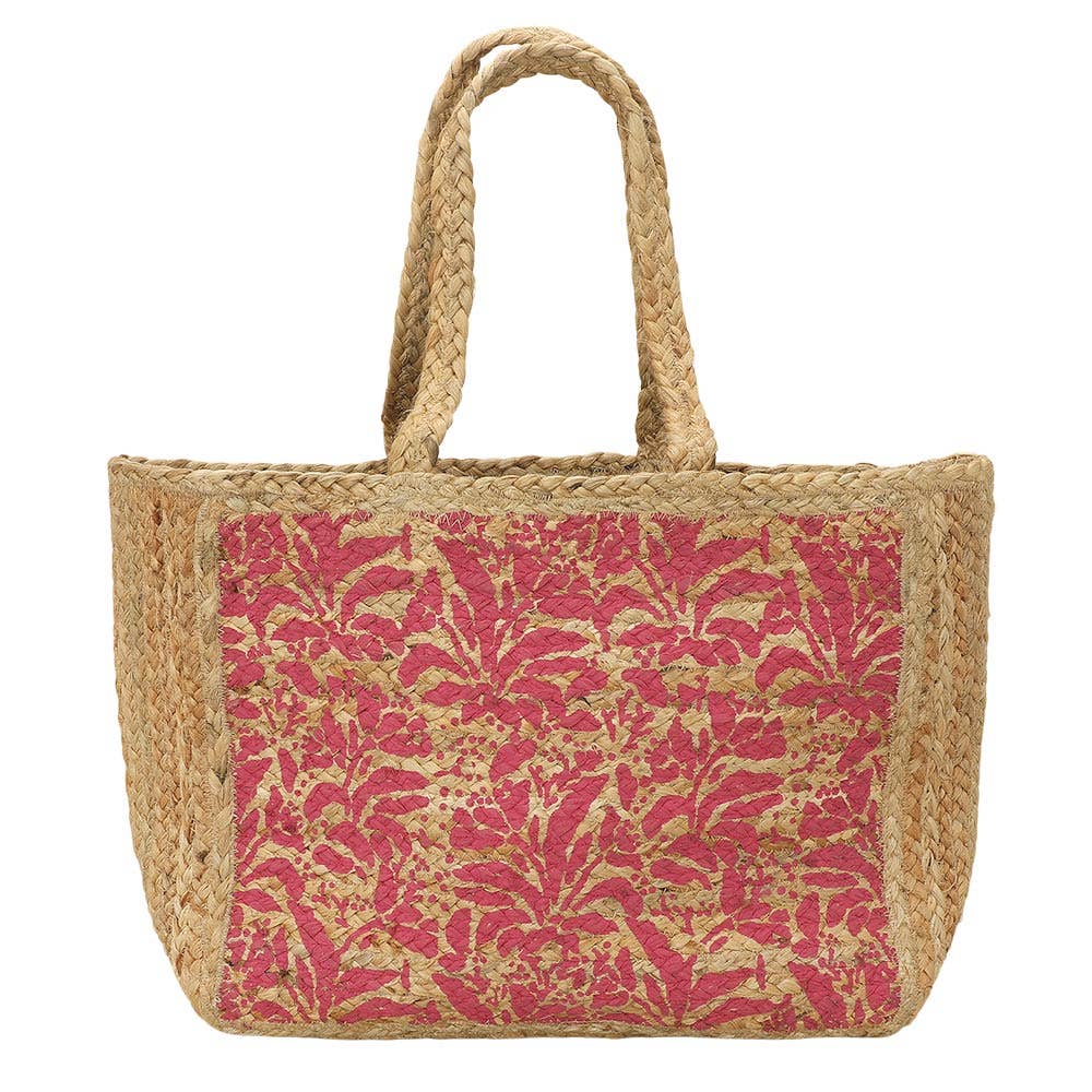 Botanical Leaf Pattern Straw Woven Tote Bag