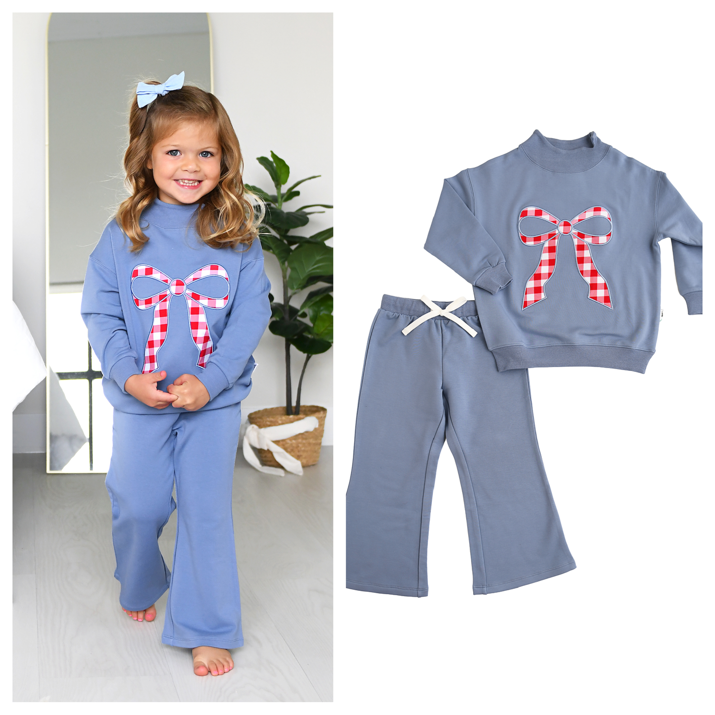 Blue MOCKNECK FLARE SWEATSUIT Gingham Bow Kids Set