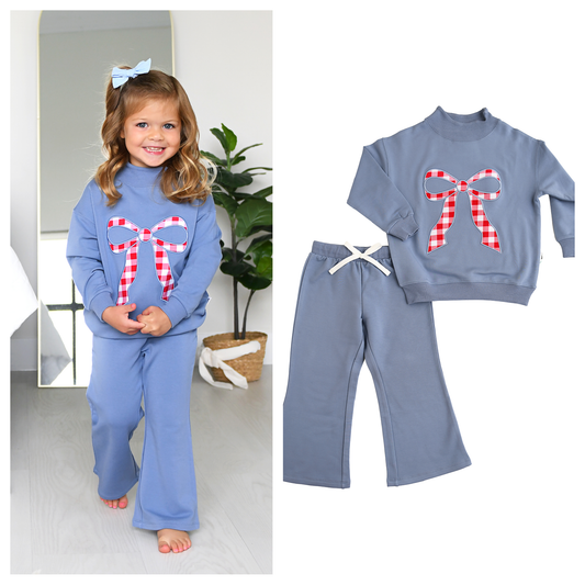 Blue MOCKNECK FLARE SWEATSUIT Gingham Bow Kids Set