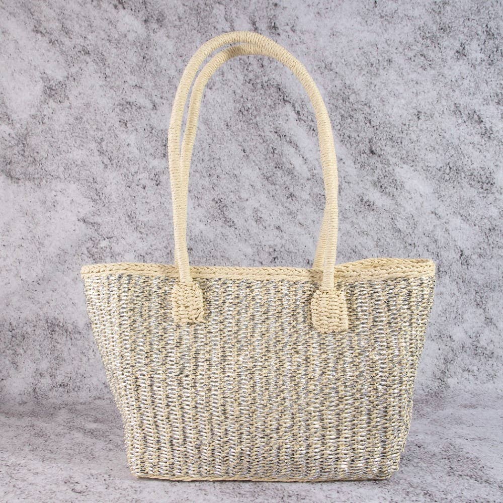 Gold Accent Straw Weave Square Tote Bag