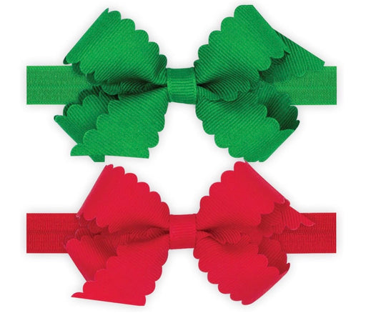 Wee Ones Girls Two Mini Scallop Bows With Bands, Mini, Red & Green