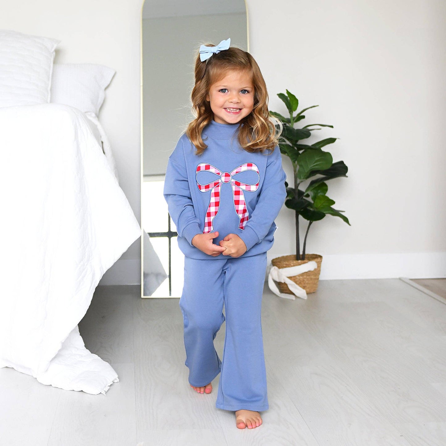 Blue MOCKNECK FLARE SWEATSUIT Gingham Bow Kids Set