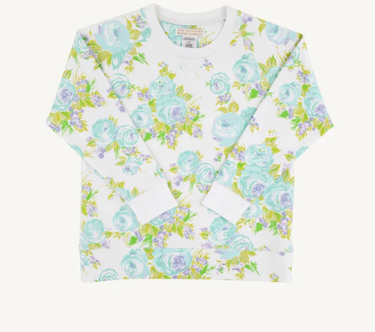 The Beaufort Bonnet Company Girls Cassidy Comfy Crewneck Princess Grace Rose (Blue) with Worth Avenue White