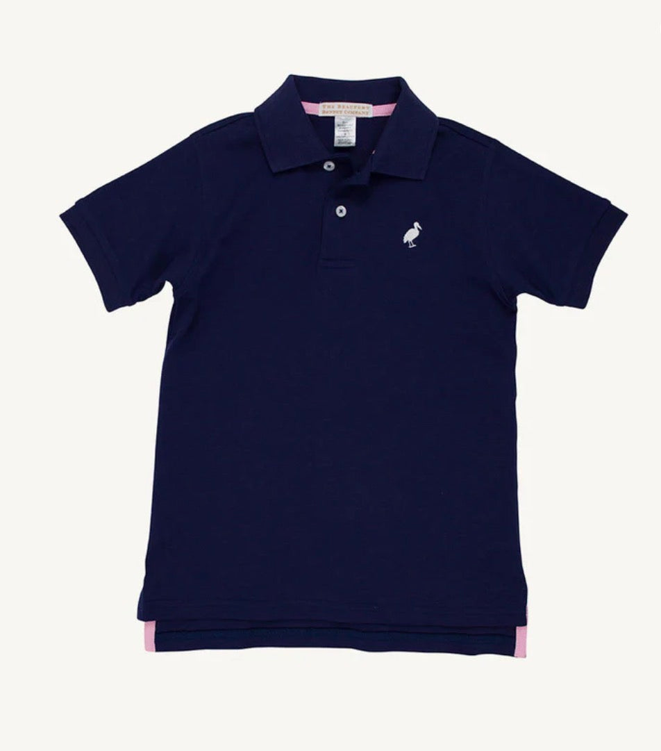 The Beaufort Bonnet Company Prim and Proper Polo SS-Pima Nantucket Navy with Worth Avenue White Stork