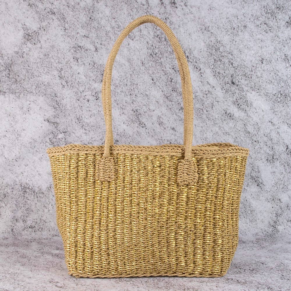 Gold Accent Straw Weave Square Tote Bag