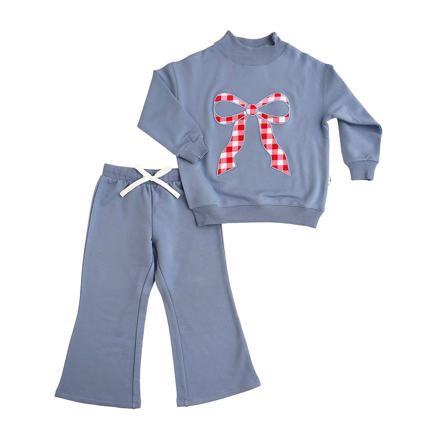 Blue MOCKNECK FLARE SWEATSUIT Gingham Bow Kids Set