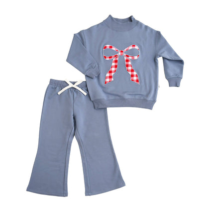 Blue MOCKNECK FLARE SWEATSUIT Gingham Bow Kids Set