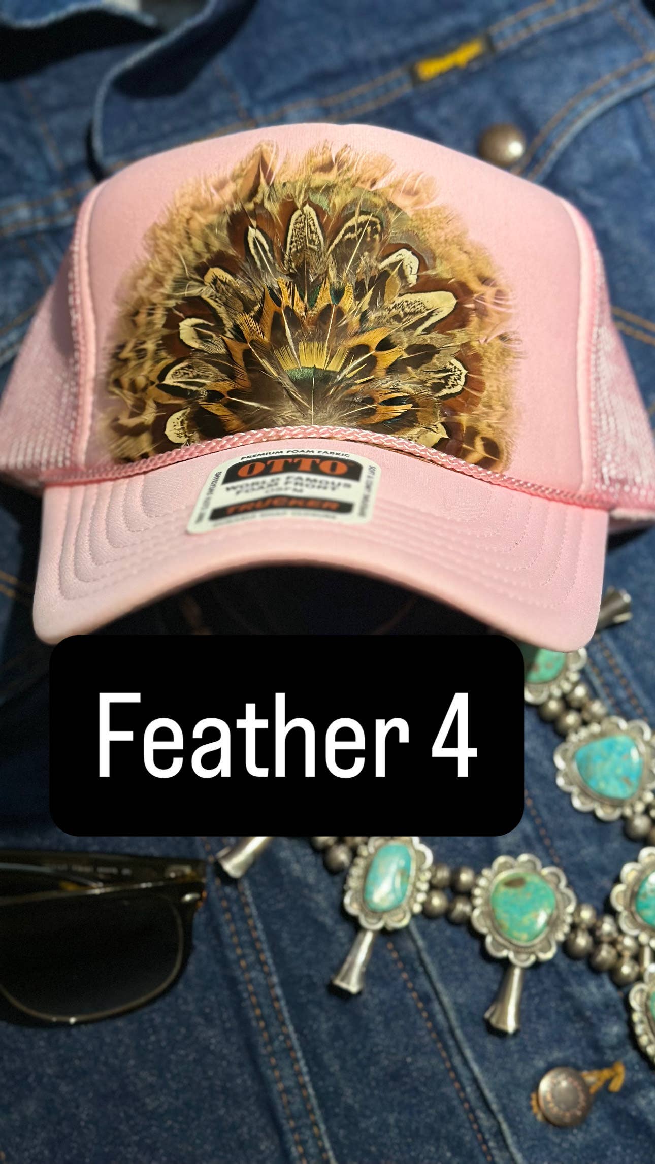 LIGHT PINK FEATHER TRUCKER HAT