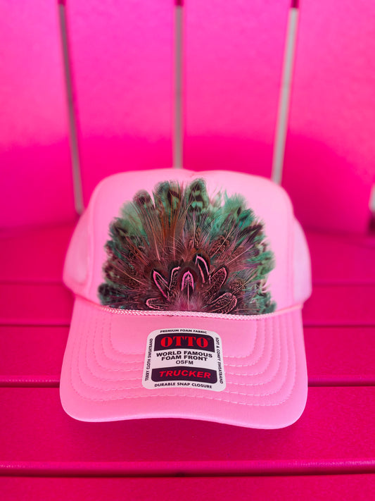 LIGHT PINK FEATHER TRUCKER HAT