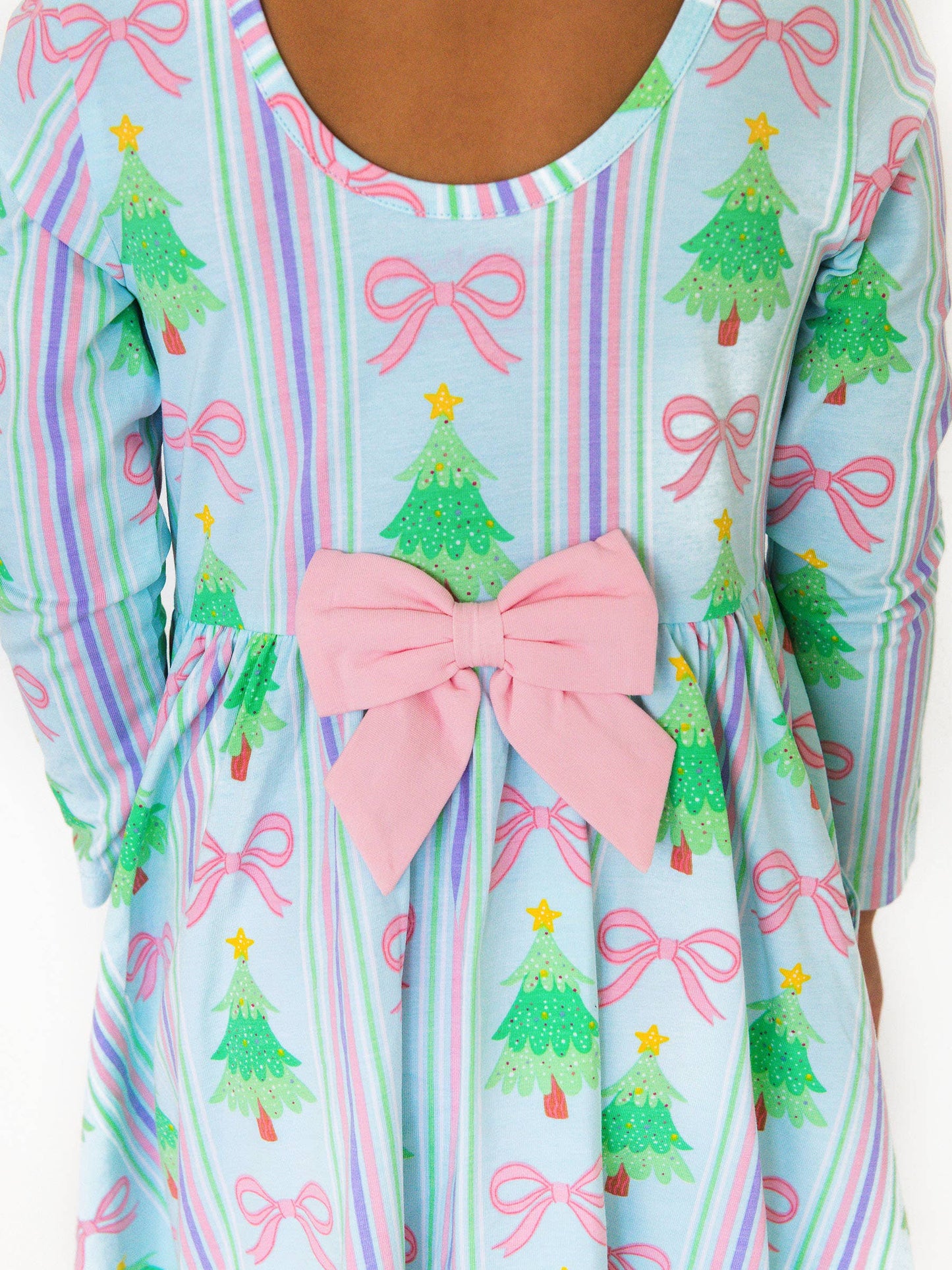 RuffleButts Girls Merry Bow Dreams Knit Long Sleeve Twirl Dress