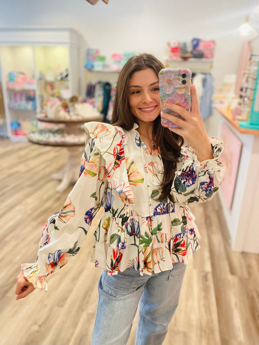 Prosperina Faye Ruffle Bloom Service Print Blouse