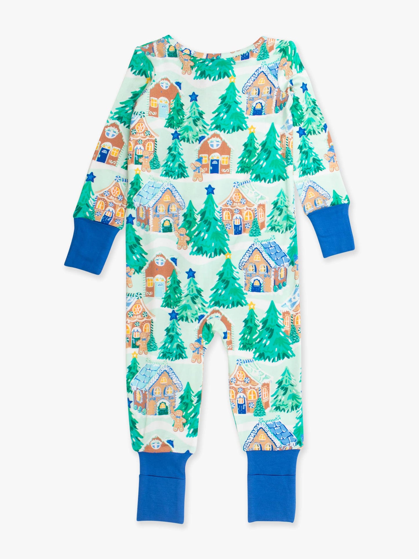 RuffleButts SoftSnooze™ Blue Gingerbread Convertible One Piece Footie Pajama