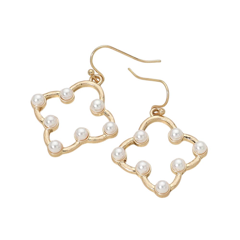 Pearl Accent Open Quatrefoil Drop Dangle Earrings