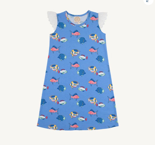 The Beaufort Bonnet Company Sleeveless Polly Play Dress Here Fishy Fishy with Worth Avenue White