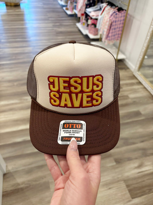 Jesus Saves Faux Embroidery DTF Printed Brown and Tan Trucker Hat
