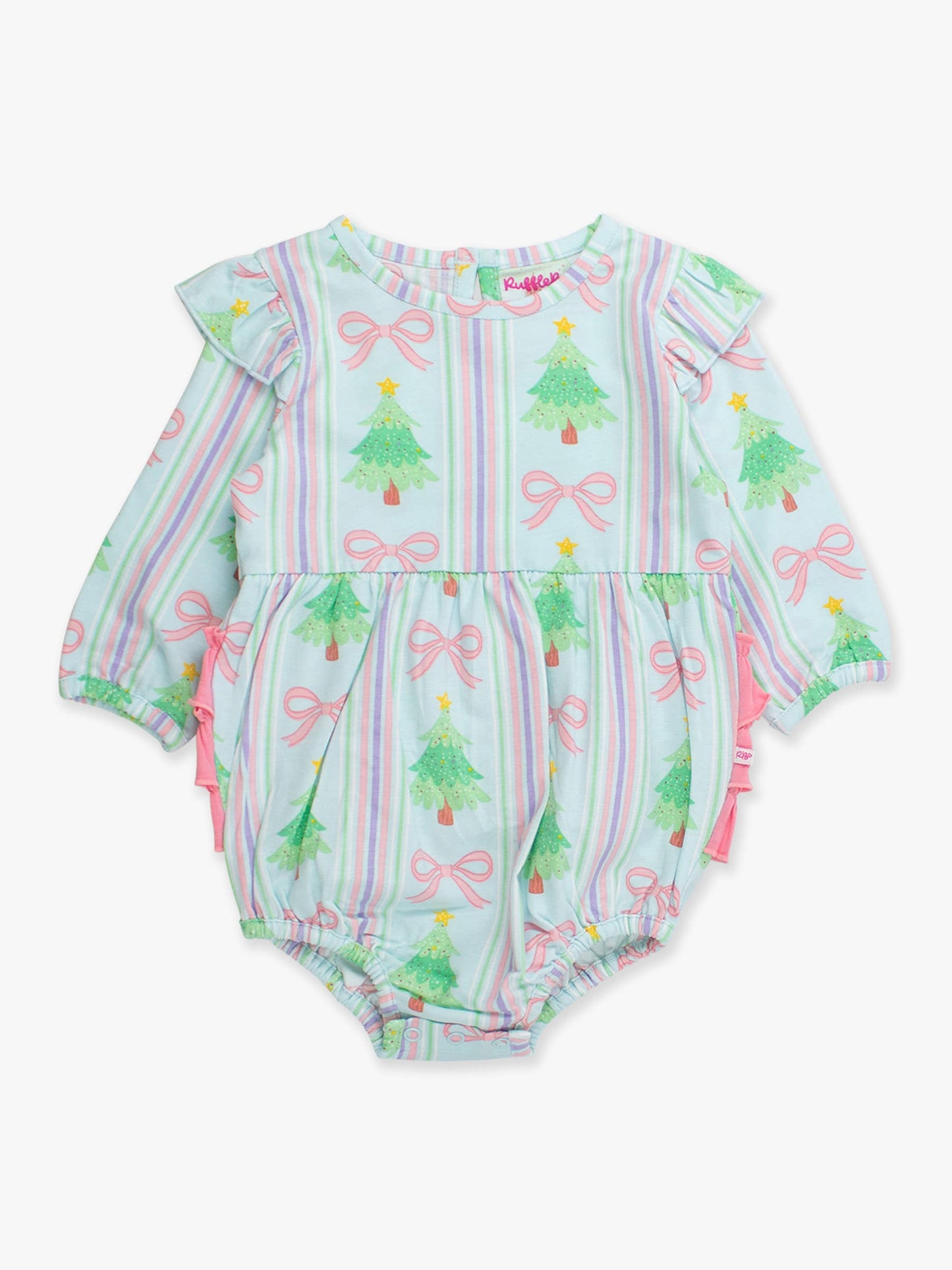RuffleButts Baby Girls Merry Bow Dreams Knit Long Sleeve Flutter Bubble Romper