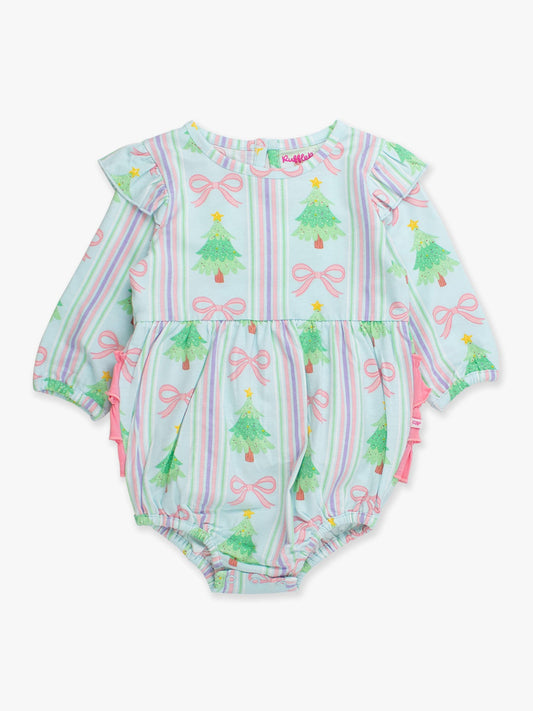 RuffleButts Baby Girls Merry Bow Dreams Knit Long Sleeve Flutter Bubble Romper