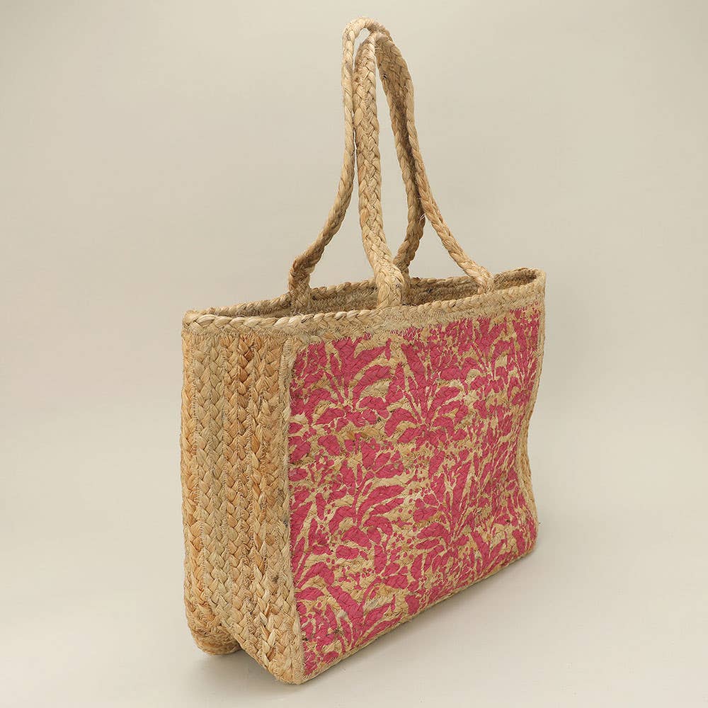 Botanical Leaf Pattern Straw Woven Tote Bag