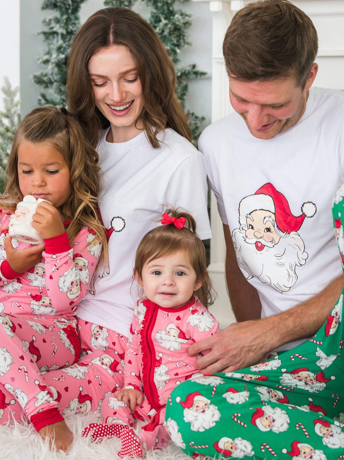 RuffleButts SoftSnooze™ Baby Girls Cotton Modal Pink Santa Joy Footed Ruffle One Piece Pajama