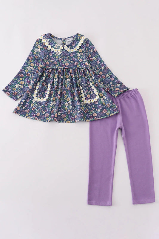 Little Girl Purple Floral Lace Pants Set