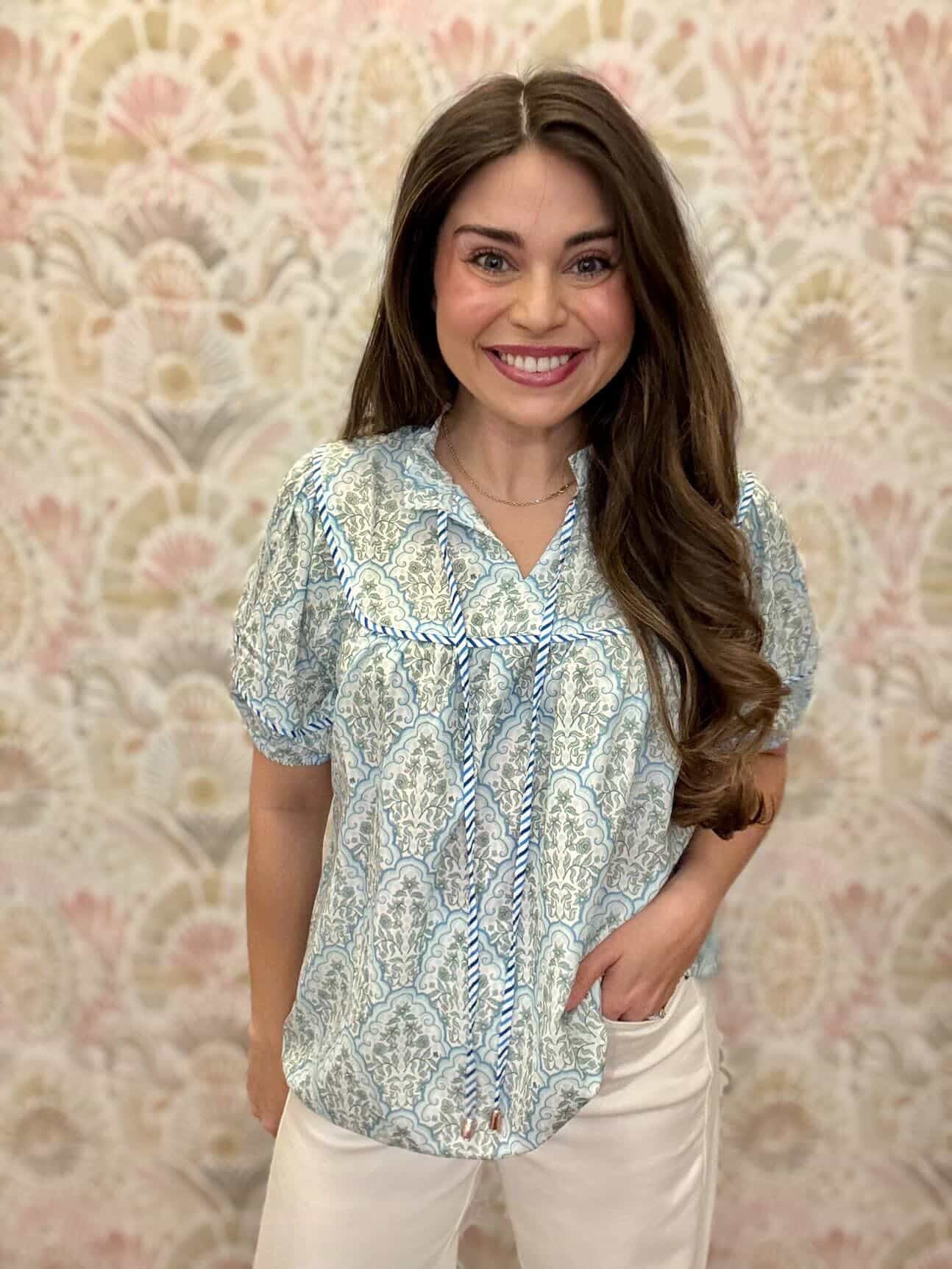 Simply Southern Scalloped Flowers Prim Contrast Top