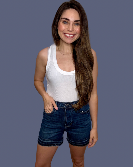 Judy Blue High Waist Tummy Control Top Release Hem Short Dark Blue