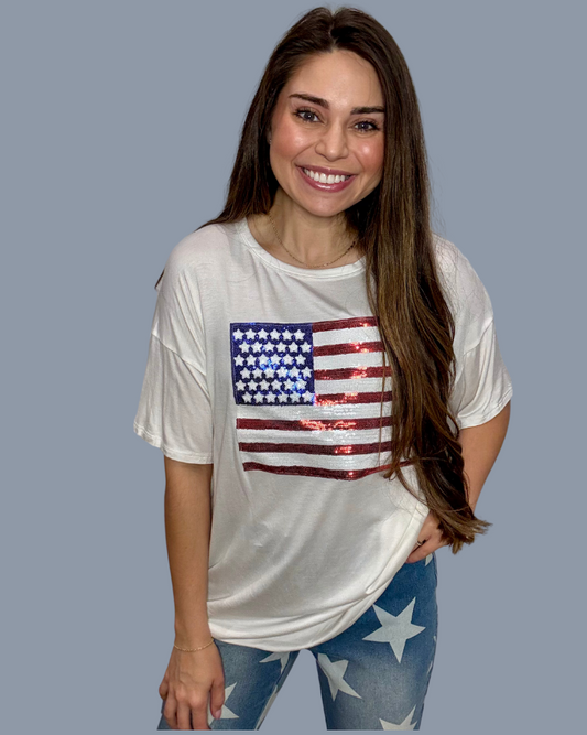 Ivory Sequin American Flag T-Shirt