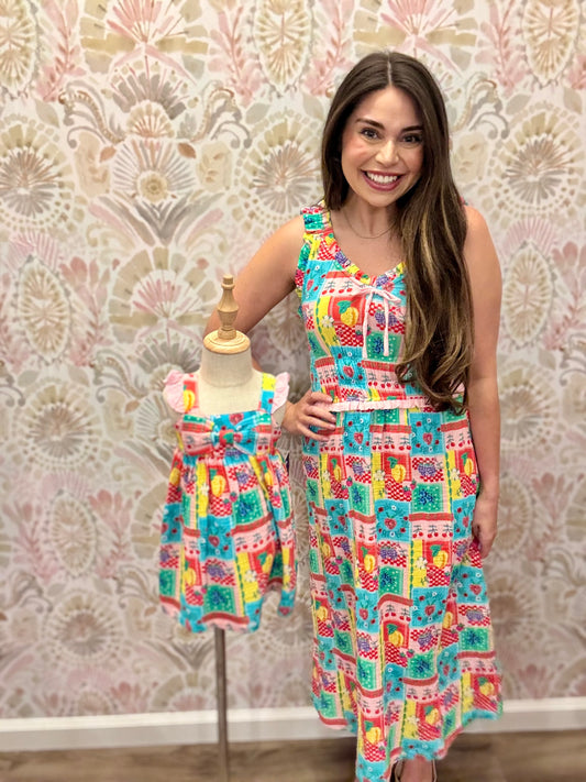 Ruffle Butts Women's Picnic Party Patchwork Cotton Gauze Smocked Ruffle Bow Midi Dress