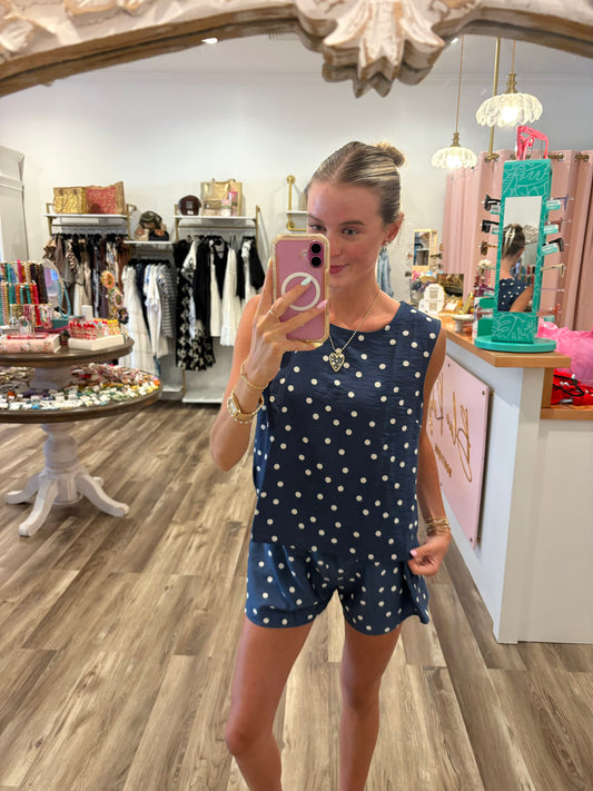 Woven Dusty Blue Polka Dot Top