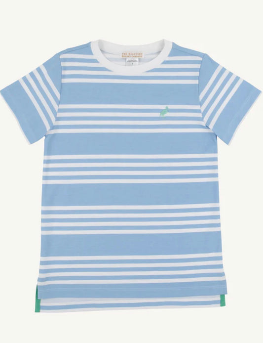 The Beaufort Bonnet Company Carter Crewneck  Saddle Ridge Stripe (Sarasota Sky) with Gibson Island Green Stork