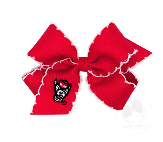 Wee Ones Medium Grosgrain Hair Bow with Moonstitch Edge and Embroidered Collegiate Logo NC State