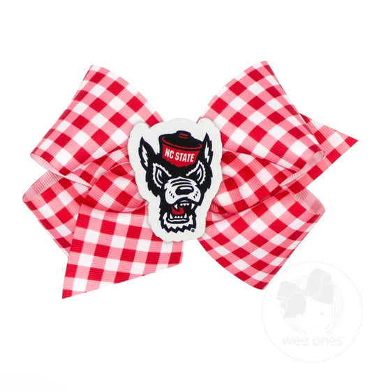 Wee Ones Medium North Carolina State Gingham Hair Bow with Logo Patch