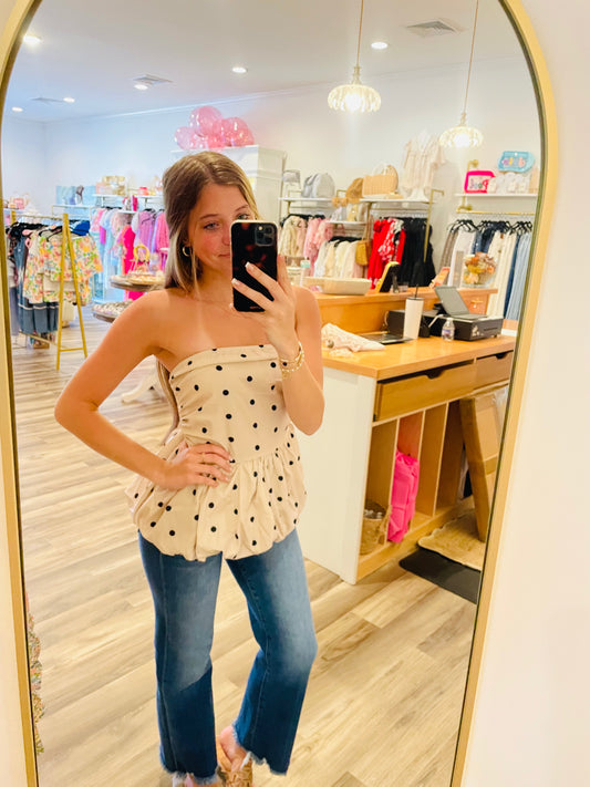Polka Dot Strapless Peplum Top