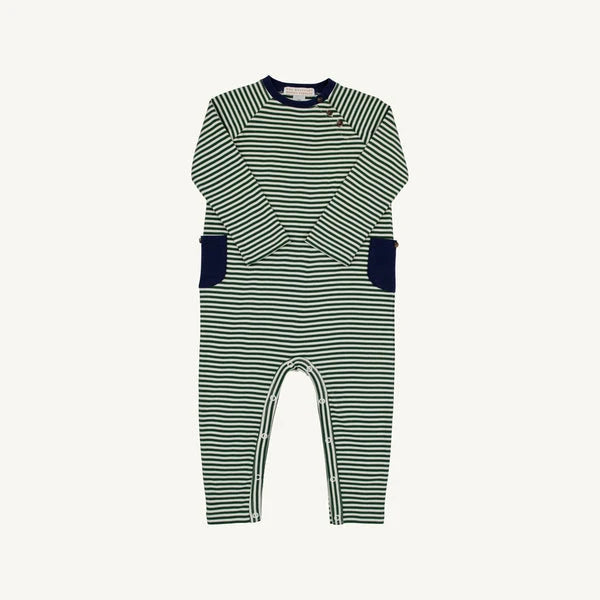 The Beaufort Bonnet Company Rayburn Romper Grier Green Stripe with Nantucket Navy
