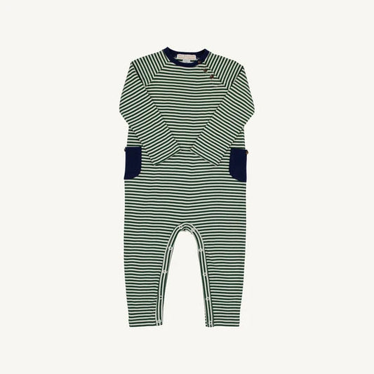 The Beaufort Bonnet Company Rayburn Romper Grier Green Stripe with Nantucket Navy