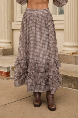 Plaid Ruffled Tiered Hem Midi Skirt