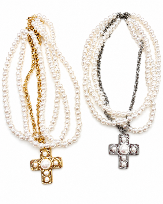 Multi Layered Cross Pearl Necklace