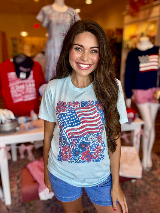 USA Boho Flag Floral Red Blue Patriotic Retro Graphic Tee