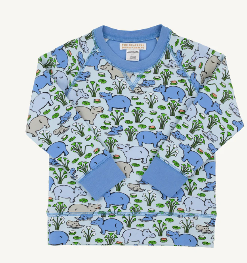Beaufort Bonnet Company Cassidy Comfy Crewneck - Bal Harbour Hippo (Beale Street Blue) with Sunrise Blvd Blue Bal Harbour Hippo (Beale Street Blue) with Sunrise Blvd Blue