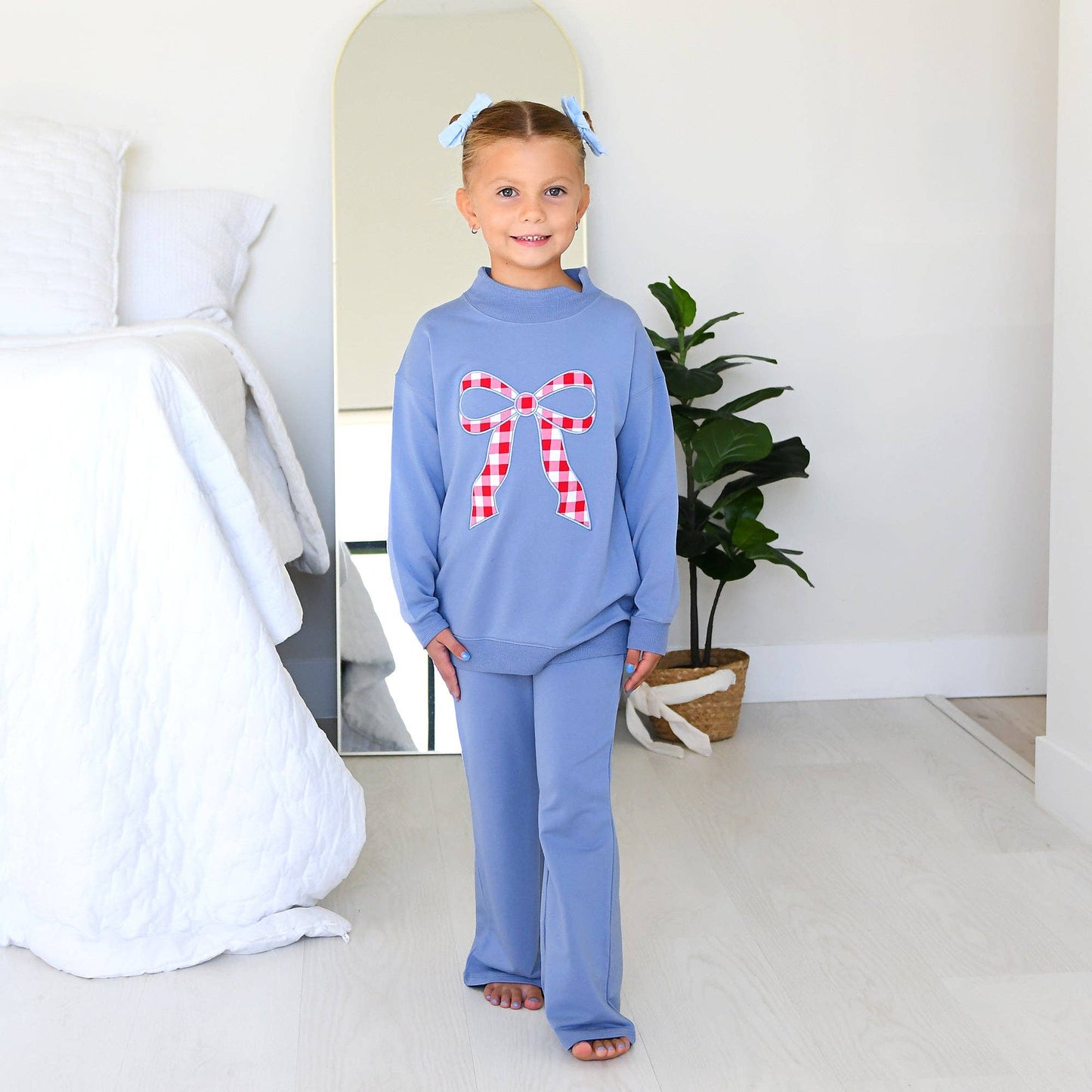 Blue MOCKNECK FLARE SWEATSUIT Gingham Bow Kids Set