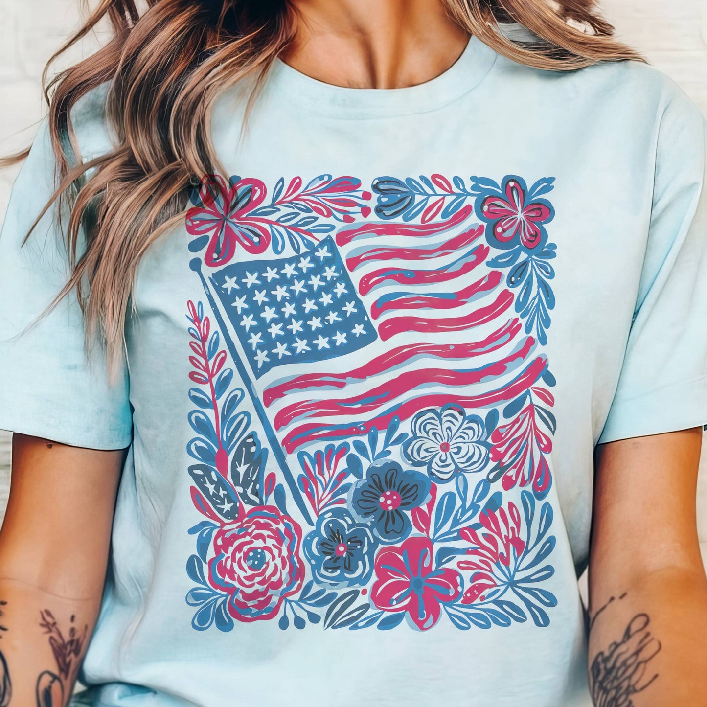 USA Boho Flag Floral Red Blue Patriotic Retro Graphic Tee