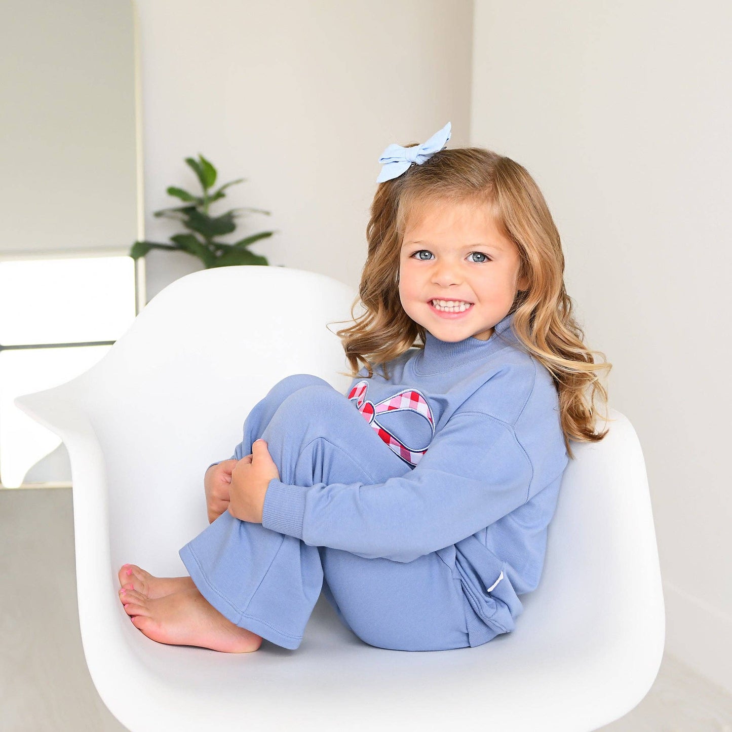 Blue MOCKNECK FLARE SWEATSUIT Gingham Bow Kids Set