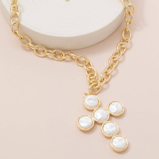 Pearl Discs Cross Pendant Necklace